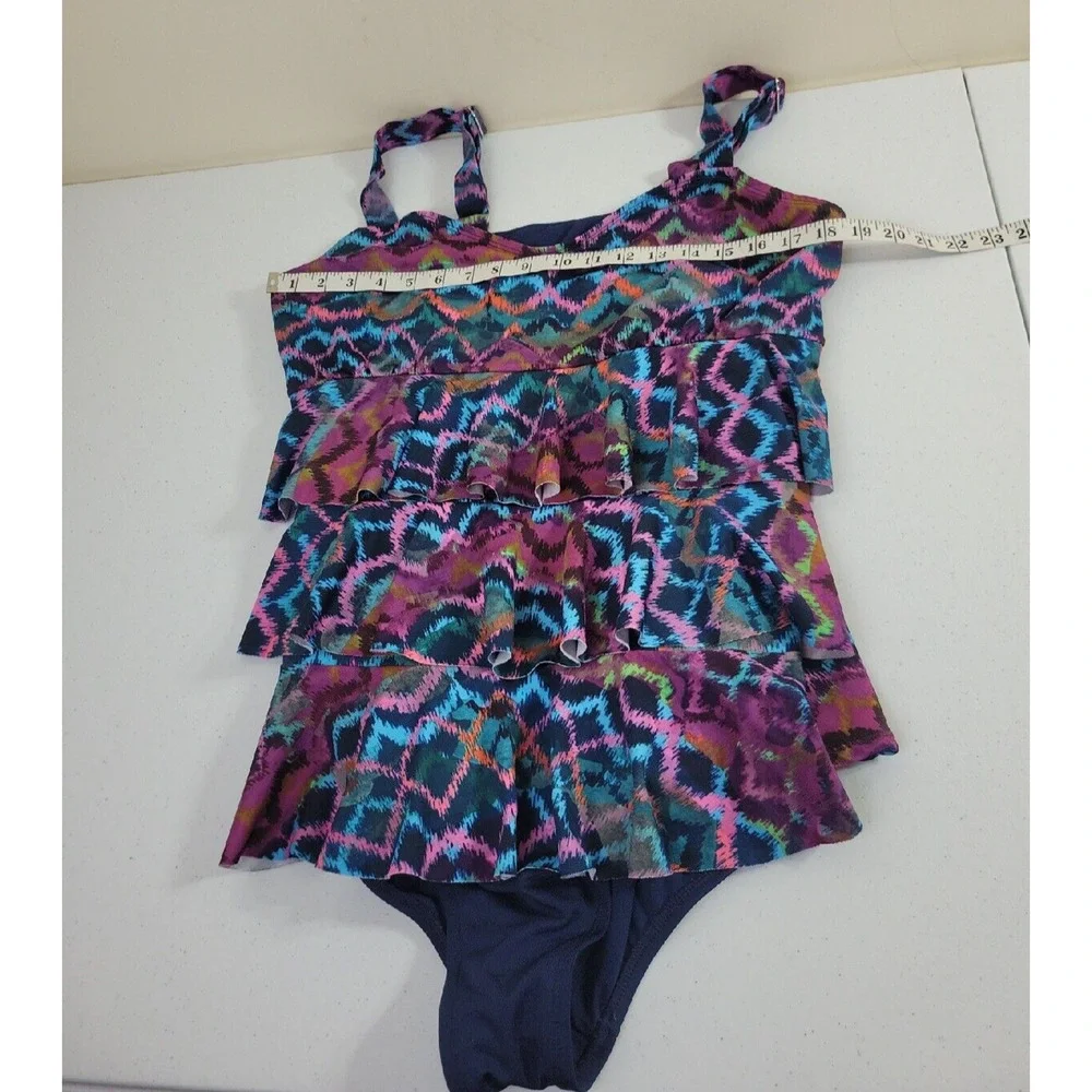 Dolfin Blue Ikat Ruffle Tiered One Piece Beach Swimdress Women's Size 48/22